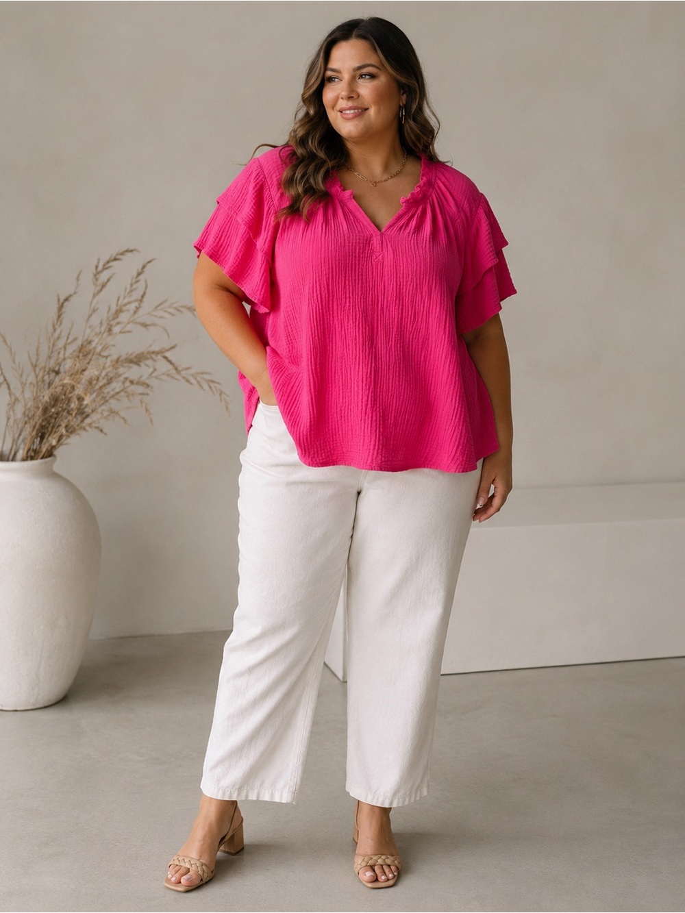 4OUR DREAMERS 1X Cotton Gauze Ruffle Sleeve Top Hot Pink Boho